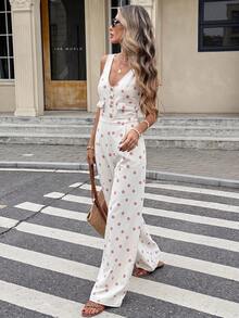 SHEIN EZwear 女款波點印花休閒日常牛仔連身褲 秋季優雅前扣式上班連身褲 - 白色 - 查看 4