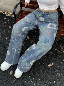 Dazy Tall Curve Floral All-Over Print Fashion Design Straight Leg Long Plus Size Women's Jeans Tall All-Season Pants Fall Vacation Wedding Guest Boho Casual - Medium Wash - View 5
