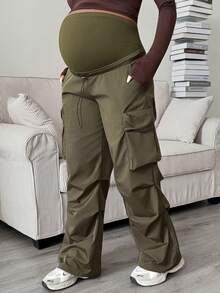 SHEIN Maternity Solid Color Adjustable Waist Pleated Loose Cargo Pants Fall - Green - View 7