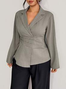 Firerie Plus Size Women's Solid Color Pleated Casual Smart Commute Teachers' Day Blazer Jacket Elegant Office Formal Business Suit Fall Going Out Grey - Khaki - View 6