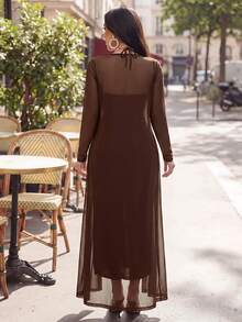 SHEIN Lady 2025新款四季通用棕色套裝長袖長袍 & V領洋裝 優雅兩件組 女款秋季派對洋裝套裝 萬聖節夏季女裝 - 摩卡棕 - 查看 7