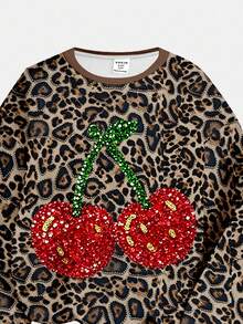 Conjunto de 2 Peças de Moletom de Manga Longa com Gola Redonda e Legging, Estampa de Leopardo Doce com Padrão de Cereja em Tom Marrom Vintage Americano, Casual para Meninas Jovens, Adequado para Outono/Inverno, Estilo Retrô de Rua, Fácil e Confortável, Camadas de Outono para Crianças, Y2K, Roupa Esportiva, Passeios, Fotografia de Rua, Campus, Forro de Fleece Relaxante - Multicolorido - Visão 4