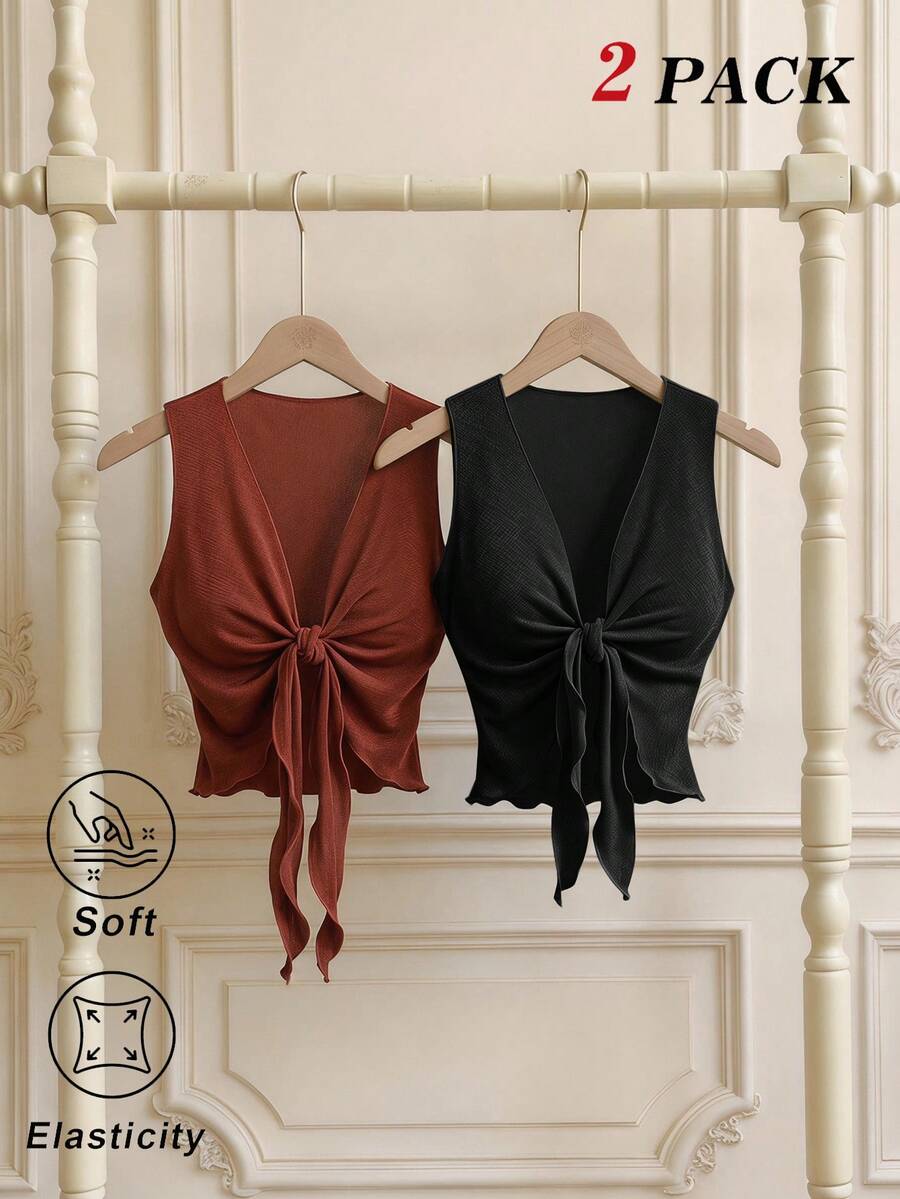 SHEIN MOD 2件組 V領前綁帶背心,極簡時尚、嬉皮、街頭風、波希米亞、熱帶度假風、辣妹風、性感、西部風、派對上衣 - 棕色 - 查看 1