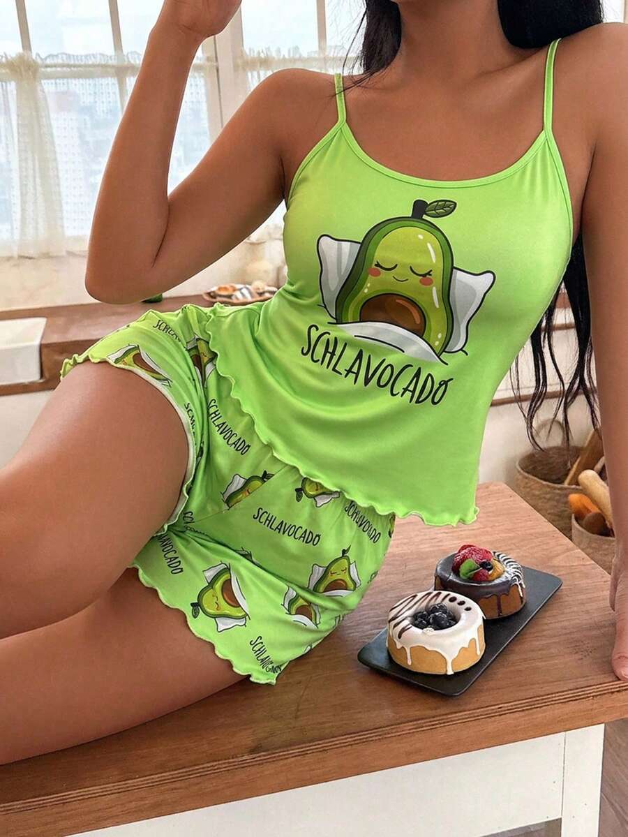 SHEIN 女款字母卡通印花細肩帶上衣與短褲休閒日常居家睡衣套裝 - 彩色 - 查看 1