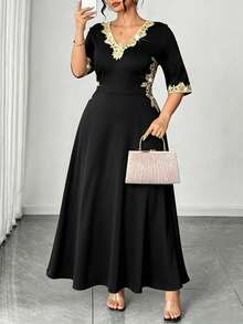Elenzga Elegant Gold Trim V-Neck Cinched Waist Short Sleeve Plus Size Women's Dress - Black - View 7