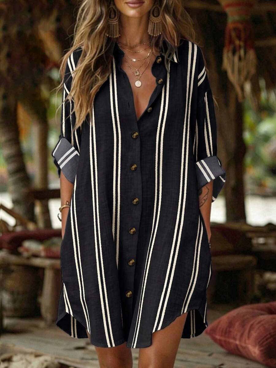 Zayélia 女款編織印花條紋休閒度假短洋裝 - 彩色 - 查看 1