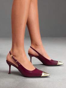 CUCCOO SZL Burgundy Patent Leather Metal Pointed Buckle Slingback Kitten Heel Shoes, Commuter Workplace Model - Burgundy - View 7