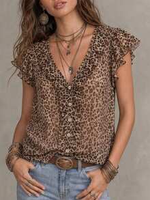 Solivie Blusa Feminina de Verão com Estampa de Leopardo e Babados - Multicolorido - Visão 6