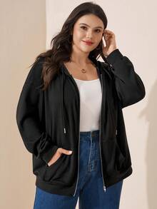 Comfylo Plus Size Women's Solid Color Long Sleeve Zipper Front Drawstring Casual Hooded Jacket Winter - Black - View 4