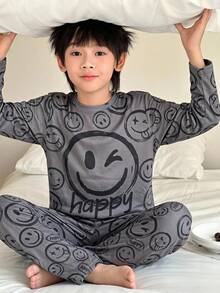 兒童青少年男孩休閒笑臉印花上衣與長褲兩件套，親子套裝，兄弟姐妹套裝，適合秋冬，居家與戶外穿著 - 灰色 - 查看 3