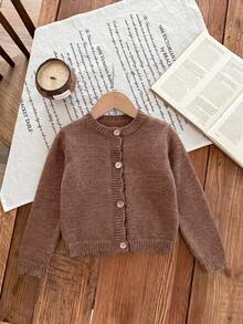 SHEIN Young Girls Cardigans Autumn/Winter Fitted Crew Neck Sweater Jacket - Brown - View 4