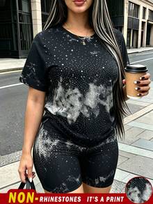 Rovax Women's Plus-Size 2 Pieces Set, Short-Sleeved Tops And Shorts.Diamond Imitation Pattern. Casual,Gift For Friends - Multicolor - View 1