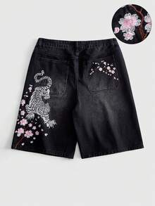 ROMWE MEN Men's Loose Fit Denim Shorts With Tiger Embroidery Pattern - Black - View 1