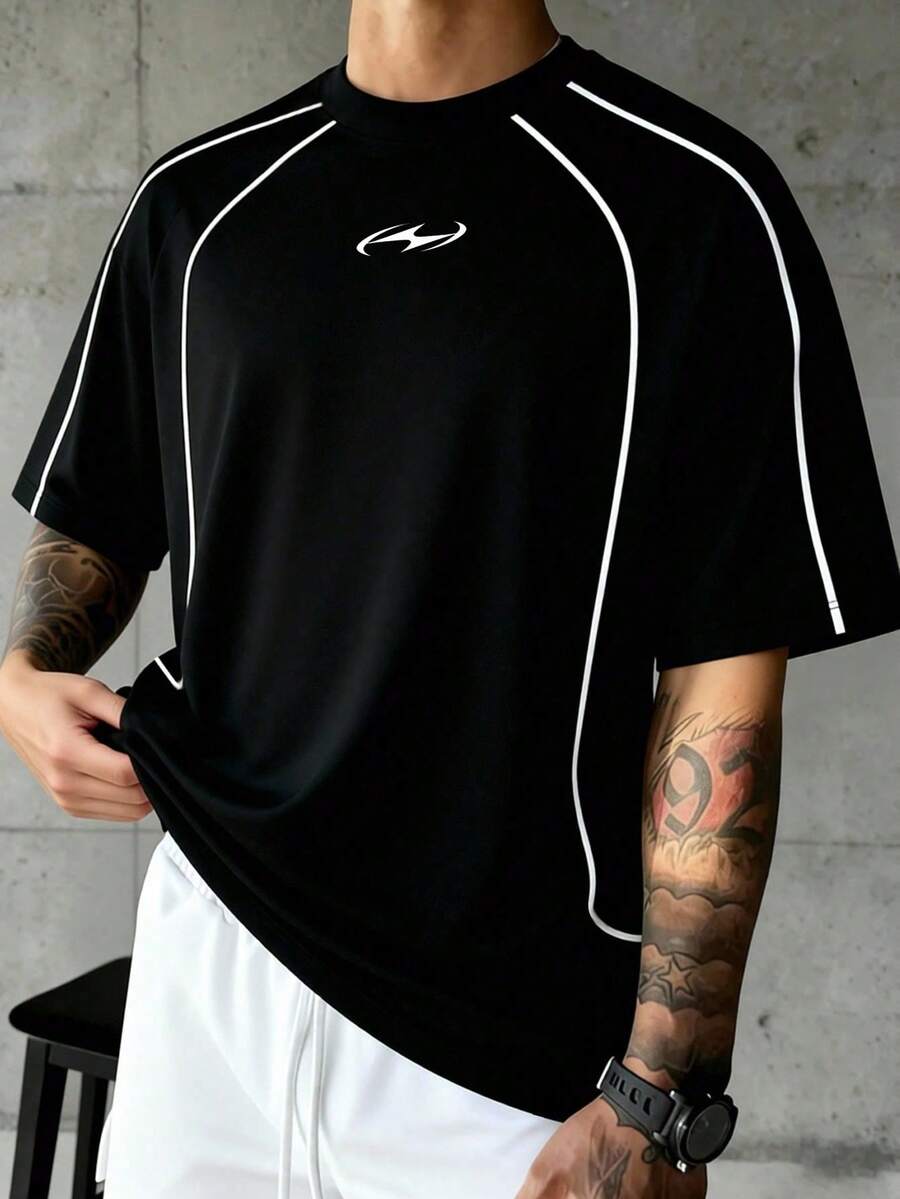 GymRaken Men's Geometric Print Short Sleeve Casual Fitness Sports T-Shirt - Black - View 1