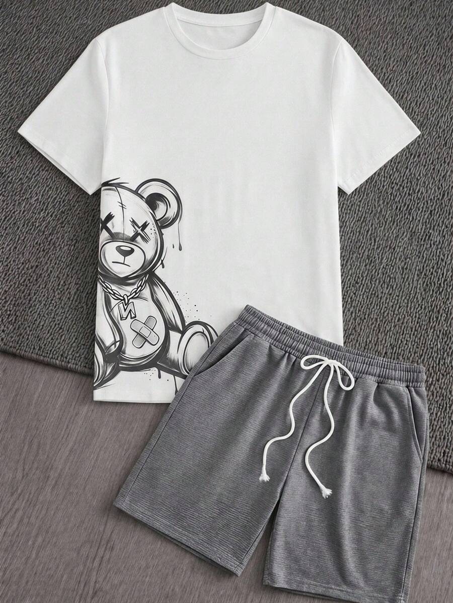 Manfinity VCAY Men's Crew Neck Cartoon Print Short Sleeve T-Shirt And Drawstring Waist Shorts Casual Daily Outfit - Multicolor - View 1