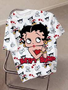 Betty Boop x SHEIN 大码女式圆领短袖休闲T恤 - 白色 - 查看 1