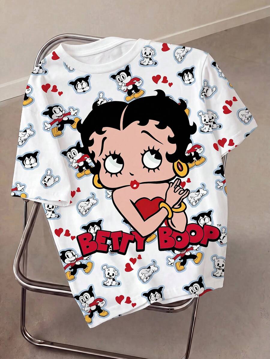 Betty Boop x SHEIN 大码女式圆领短袖休闲T恤 - 白色 - 查看 1
