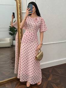 NOVVYNE 女款春夏季粉色編織短袖收腰A字版優雅浪漫長洋裝 - 粉色 - 查看 6