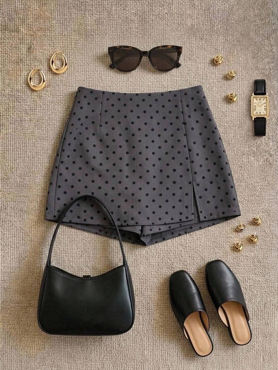 Grovea Plus Size Women's Casual Elegant 2 In 1 A-Line Waist Side Slit Polka Dot Print Skort, Suitable For Dating, Office, Commuting, Business, Home, Travel Occasions - Grey - View 1