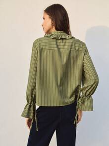 Nöista Green And Olive Striped Blouse With Ruffled Collar. Fall, Office Wear And Everyday Style. - Green - View 6