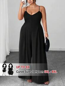 SHEIN CURVE+ 大码女士优雅端庄纽扣吊带褶裥阔腿连体裤，春夏款 - 黑色 - 查看 8