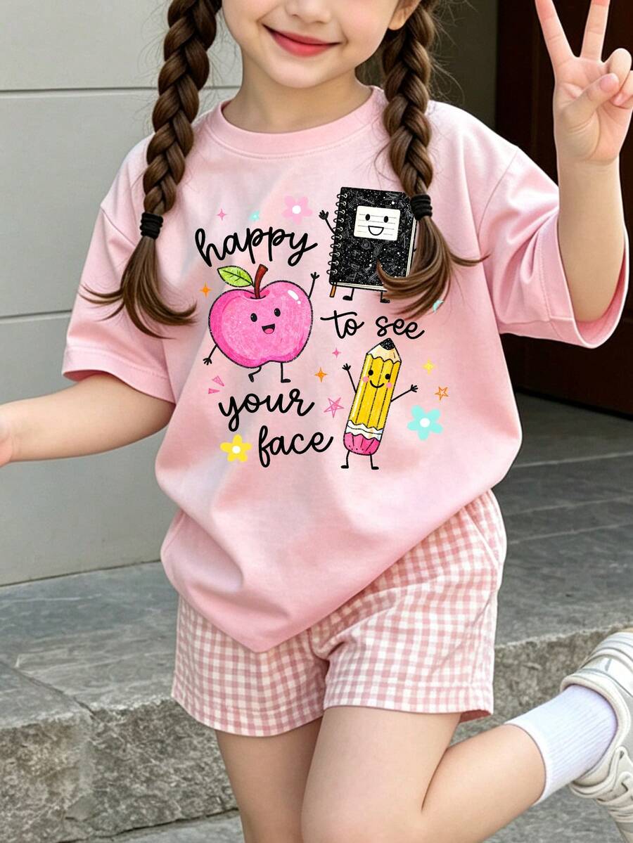 返校季女童幼兒可愛卡通筆記本鉛筆蘋果造型趣味字母印花基礎短袖T恤 - 粉色 - 查看 1