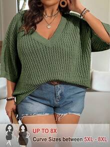 SHEIN CURVE+ 大尺碼女款 V 領鏤空短袖寬鬆休閒商務休閒套頭毛衣，適合春夏，鼠尾草綠，辦公室穿搭 - 軍綠色 - 查看 1