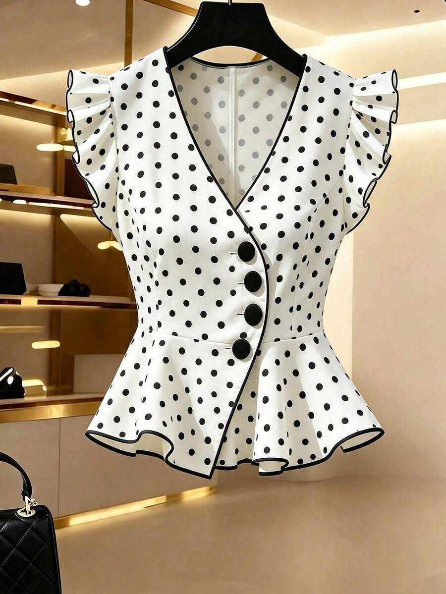 Franclia 女款修身荷葉邊V領側扣波浪袖滾邊上衣,復古優雅黑白波點,適合派對、日飲、夏季穿著 - 白色 - 查看 1