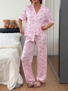 Napfluff Women's Bow Print Button-Down Lapel Shirt Style Short Sleeve Pajama Set - Pink - View 6