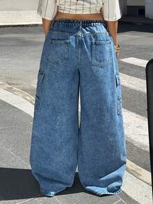 Jeanoix Plus Size Casual Washed Wide Leg Cargo Jeans - Blue - View 2
