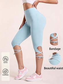 SHEIN Sovereign Charm Women's Solid Color Criss-Cross Back Waist Casual Capri Length Sports Leggings - Sky Blue - View 1