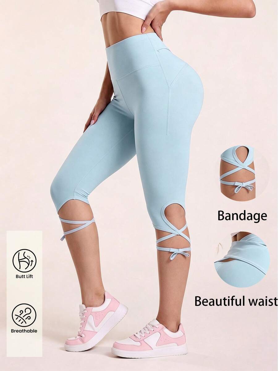 SHEIN Sovereign Charm Women's Solid Color Criss-Cross Back Waist Casual Capri Length Sports Leggings - Sky Blue - View 1