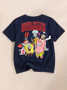 SpongeBob SquarePants | SHEIN Tween Boy Letter & Cartoon Print Round Neck Short Sleeve T-Shirt - White - View 1