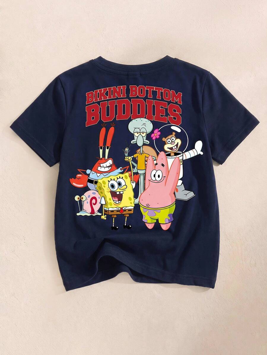SpongeBob SquarePants | SHEIN Tween Boy Letter & Cartoon Print Round Neck Short Sleeve T-Shirt - White - View 1