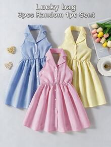 SHEIN Elladie kids 女童夏季新款時尚 Polo 領掛脖露背收腰甜美百搭度假風洋裝，小女孩正式洋裝 - 玫紅色 - 查看 1