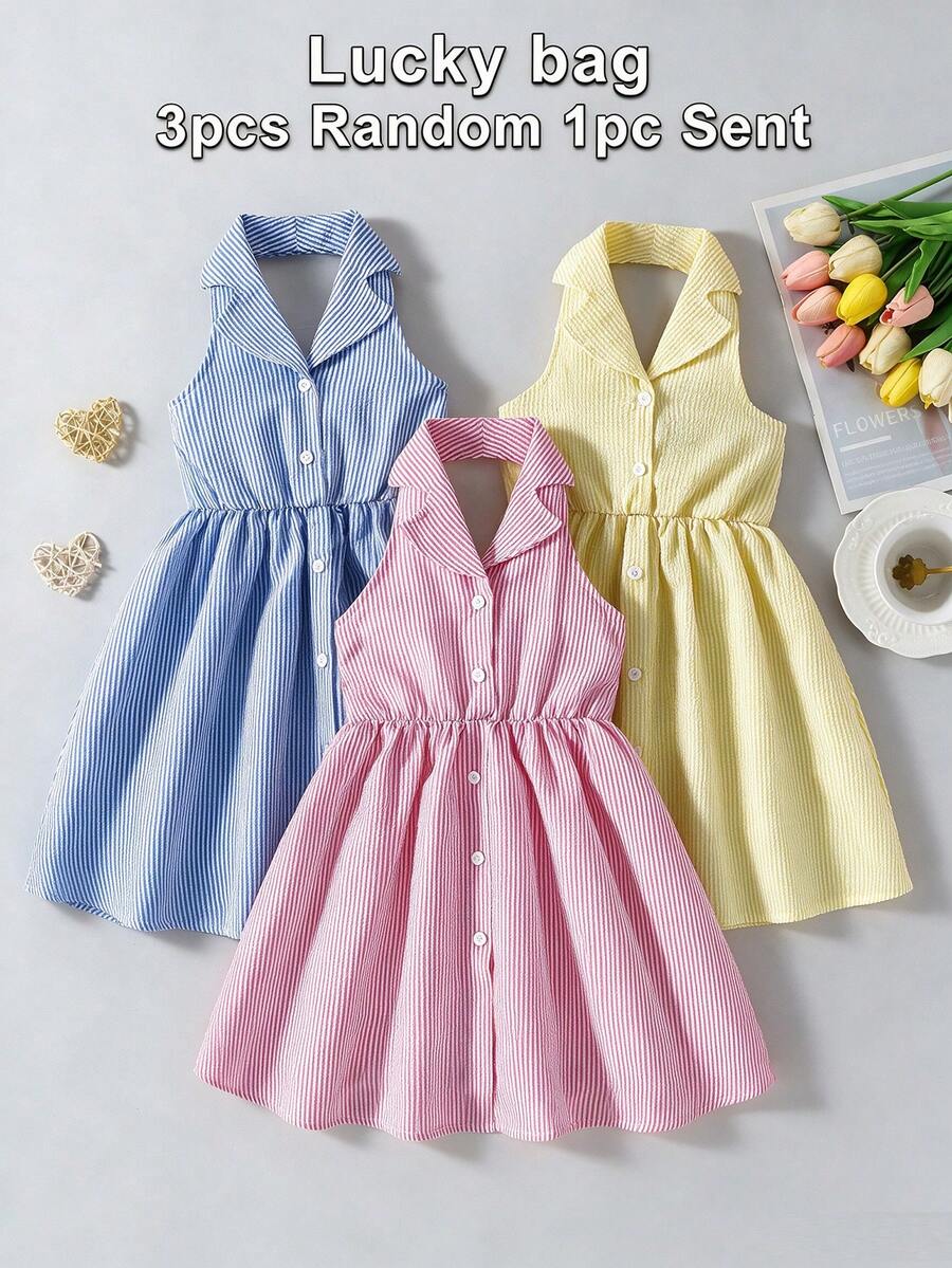 SHEIN Elladie kids 女童夏季新款時尚 Polo 領掛脖露背收腰甜美百搭度假風洋裝,小女孩正式洋裝 - 玫紅色 - 查看 1