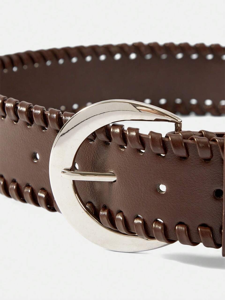 MOTF DARK BROWN PU HAND-BRAIDED SILVER BUCKLE RETRO WIDE WOMEN'S DECORATIVE BELT