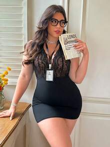 Spicy Aura 大尺碼女款專業秘書性感服裝兩件套 - 黑色 - 查看 3