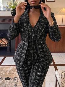 SHEIN SXY 秋冬性感通勤約會深藍色長袖西裝外套、背心與長褲三件套 - 黑與白 - 查看 3