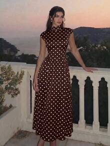 Skyraze Women's Brown And White Polka Dot High Neck Long Knit Dress Dinner Party Summer Vintage Elegant - Brown - View 1
