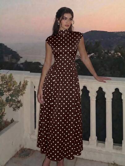 SHEIN MOD Women's Polka Dot High Neck Long Knit Dress