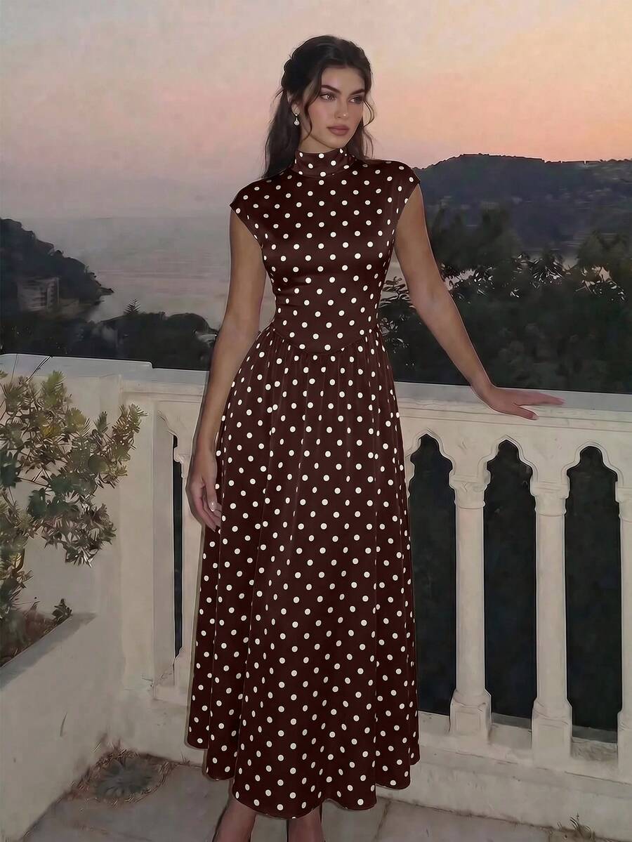 Skyraze Women's Brown And White Polka Dot High Neck Long Knit Dress Dinner Party Summer Vintage Elegant - Brown - View 1