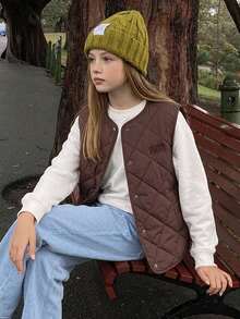 Hapijoa Tween Girl Letter Pattern Single-Breasted Casual Vest Winter Coat - Brown - View 10