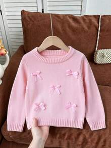 SHEIN Fashionable Versatile Cute Bow Pullover Round Neck Sweater For Girls - Pink - View 4