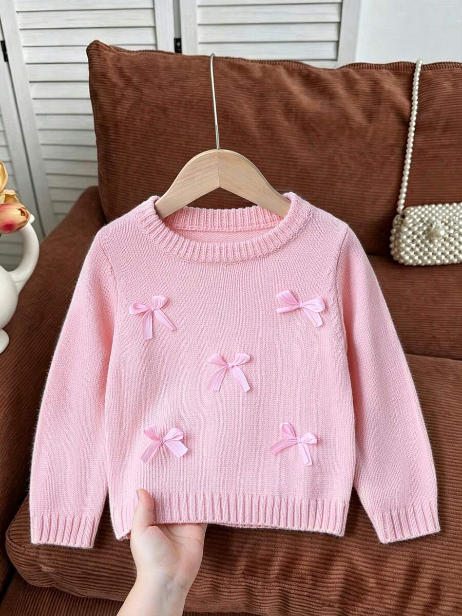 SHEIN 女童時尚百搭可愛蝴蝶結圓領套頭毛衣 - 粉色 - 查看 1