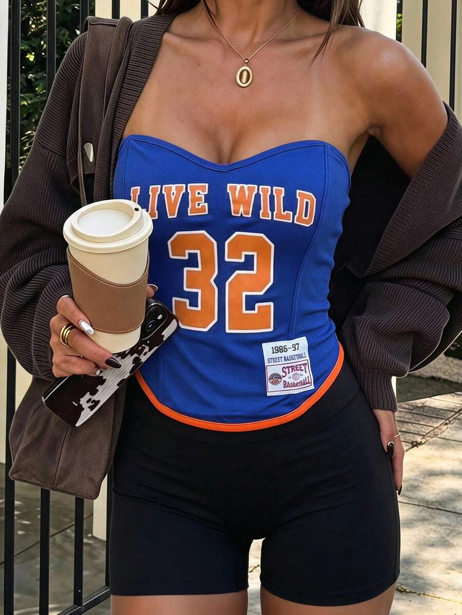 Muchica Brassière de sport imprimée de lettres pour femmes, City Break, Vacances, Jour de match, Coupe du monde, Rentrée scolaire, Grunge Punk, Maillot de football, Gym, Course, Extérieur, Yoga