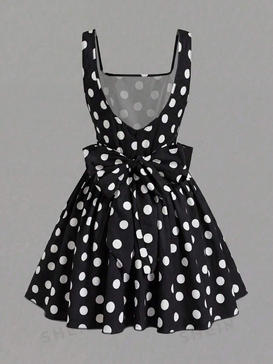 Sweetra Gaun Polkadot Imut dan Manis Ukuran Plus dengan Pita - Hitam - View 1