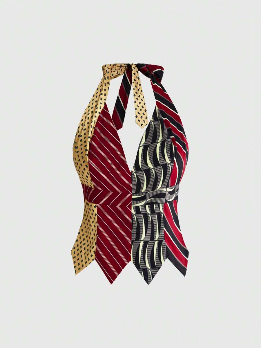ROMWE Avant Top de tirantes para mujer talla grande estilo Y2K con diseño audaz, patchwork de corbata y cuello halter retro - Multicolor - Ver 1