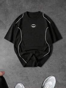 BATMAN X SHEIN 男士對比飾邊短袖運動T恤 - 黑色 - 查看 1