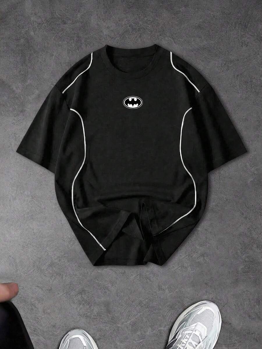 BATMAN X SHEIN 男士對比飾邊短袖運動T恤 - 黑色 - 查看 1